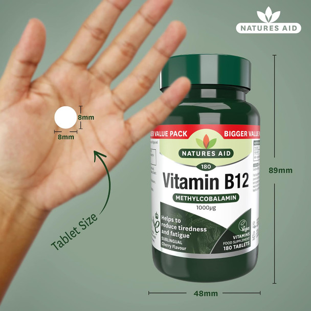 Natures Aid Vitamin B12 1000µg Supplement – 180 Tablets | High Strength Methylcobalamin, Supports Energy & Reduces Tiredness, Vegan, Vegetarian, Gluten-Free