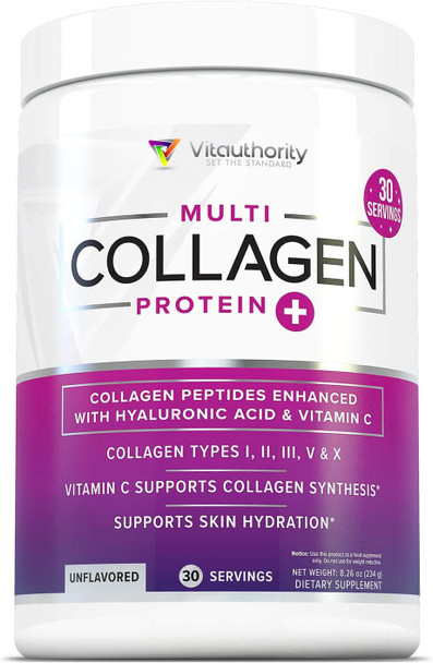 Vitauthority Multi Collagen Peptides Powder for Women  Hydrolyzed Collagen Powder for Women with Types I II III V & X plus Vitamin C and  Hyaluronic Acid for Beautiful Hair Skin and Nails