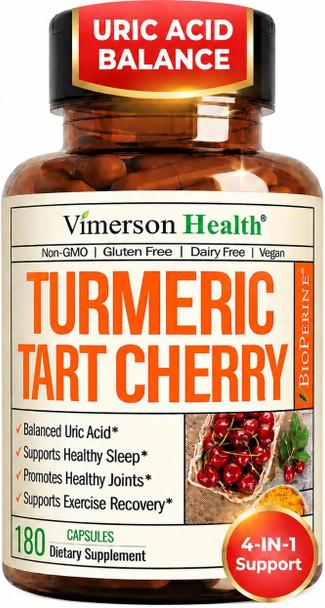 Tart Cherry Capsules – 4-in-1 Turmeric Tart Cherry Supplement for Uric Acid Balance & Joint Health – 10:1 Tart Cherry Extract Capsules with Celery Seed Turmeric Curcumin & Black Pepper – 60 Count