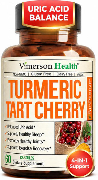 Tart Cherry Capsules – 4-in-1 Turmeric Tart Cherry Supplement for Uric Acid Balance & Joint Health – 10:1 Tart Cherry Extract Capsules with Celery Seed Turmeric Curcumin & Black Pepper – 60 Count