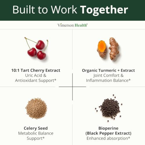 Tart Cherry Capsules – 4-in-1 Turmeric Tart Cherry Supplement for Uric Acid Balance & Joint Health – 10:1 Tart Cherry Extract Capsules with Celery Seed Turmeric Curcumin & Black Pepper – 60 Count