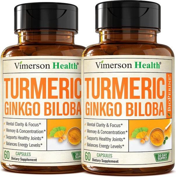 Ginko Biloba Capsules with Ginkgo Biloba 120mg & Organic Turmeric for Joint Support Focus and Brain Health – Gingo Biloba Supplement with Black Pepper (Bioperine) for Max Absorption – 60 Count