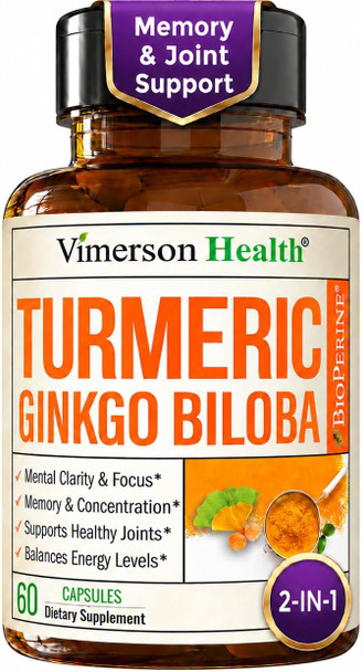 Ginko Biloba Capsules with Ginkgo Biloba 120mg & Organic Turmeric for Joint Support Focus and Brain Health – Gingo Biloba Supplement with Black Pepper (Bioperine) for Max Absorption – 60 Count