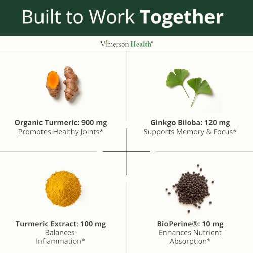 Ginko Biloba Capsules with Ginkgo Biloba 120mg & Organic Turmeric for Joint Support Focus and Brain Health – Gingo Biloba Supplement with Black Pepper (Bioperine) for Max Absorption – 60 Count