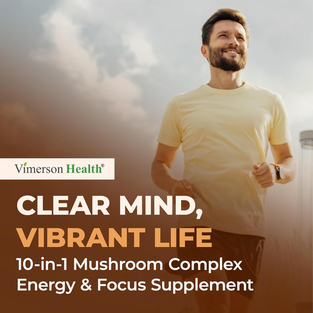 Mushroom 10x Complex with Lions Mane Extract Turkey Tail Cordyceps Reishi Shiitake Chaga & Maitake for Cognitive Support – Vegan Mushroom Supplement Blend for Natural Energy & Focus – 60 Capsules