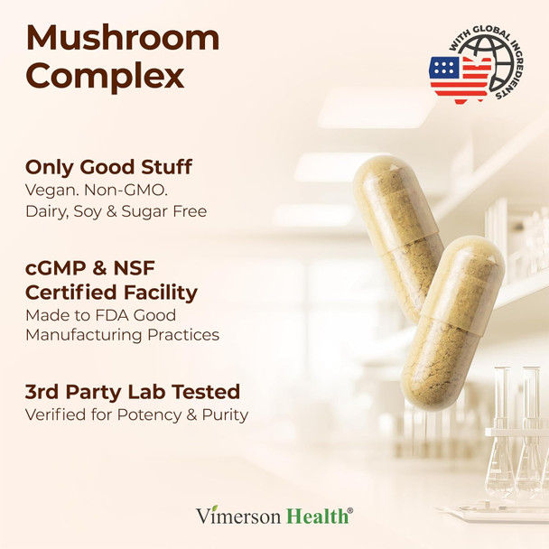 Mushroom 10x Complex with Lions Mane Extract Turkey Tail Cordyceps Reishi Shiitake Chaga & Maitake for Cognitive Support – Vegan Mushroom Supplement Blend for Natural Energy & Focus – 60 Capsules