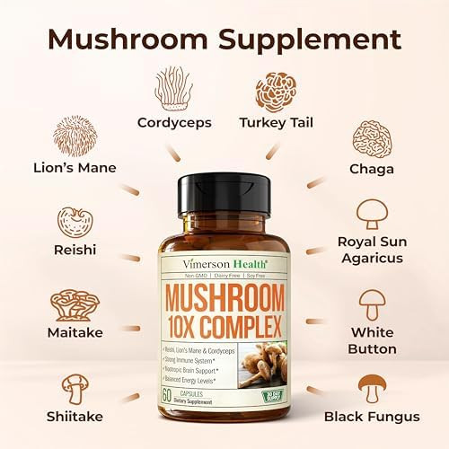 Mushroom 10x Complex with Lions Mane Extract Turkey Tail Cordyceps Reishi Shiitake Chaga & Maitake for Cognitive Support – Vegan Mushroom Supplement Blend for Natural Energy & Focus – 60 Capsules