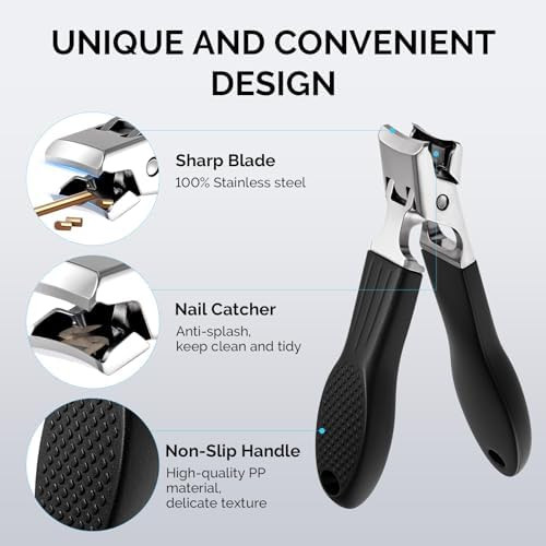 MelodySusie Wide Jaw Opening Nail Clippers Set, 2 pcs Toenail Clippers for Seniors Thick Nails, Anti-Splash Curved and Slanted Nail Clippers for Men Women, Fingernail Cutter with Catcher, Black
