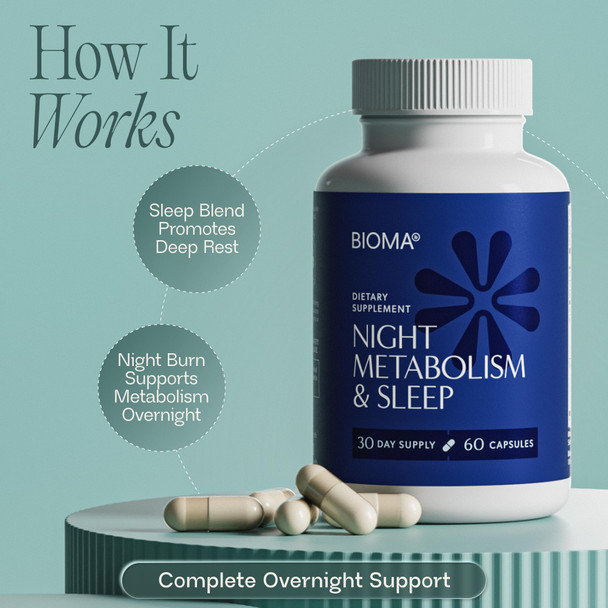BIOMA Night Metabolism & Sleep - Supports Digestion Energy Metabolism & Restful Sleep with Melatonin Vitamin D Magnesium & More - 60 Capsules (30-Day Supply)