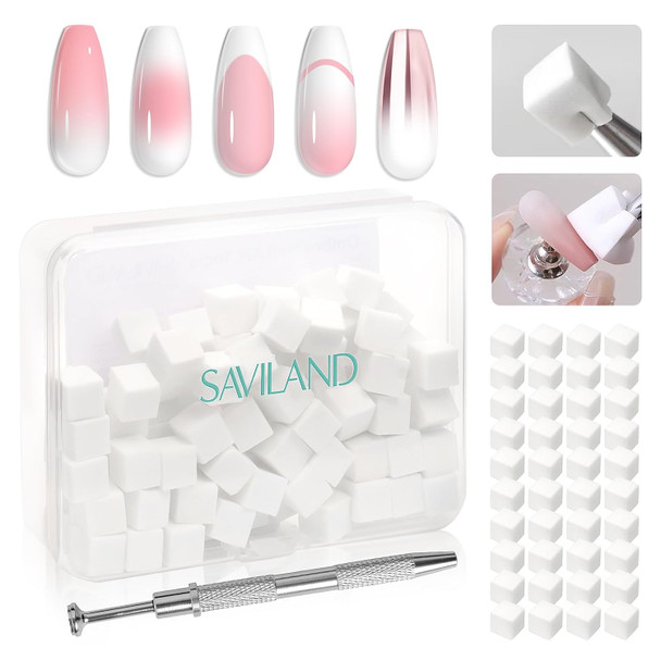 SAVILAND Nail Sponges for Ombre 100PCS with Grabbing Pen & Storage Box | High-Density Nail Art Sponge with Ergonomic Grabbing Pen, Delivers Streak-Free Seamless Aura & Ombre Nail Gradients