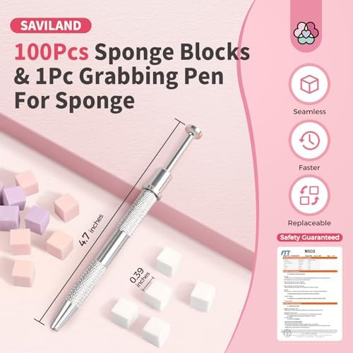 SAVILAND Nail Sponges for Ombre 100PCS with Grabbing Pen & Storage Box | High-Density Nail Art Sponge with Ergonomic Grabbing Pen, Delivers Streak-Free Seamless Aura & Ombre Nail Gradients