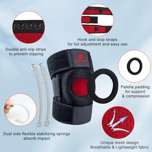 Kuangmi Knee Brace with Side Stabilizers & Patella Gel Pad,Adjustable Compression Knee Support with Arthritis Relief,Injury Recovery,Running,Weightlifting,Climbing(Black,4-Springs,L/XL