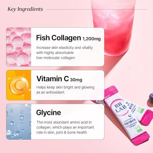 BB LAB Good Night Low Molecular Collagen Powder Stick Supplement, Halal Certified, Korean Marine Collagen, Fish Collagen Peptides, Vitamin C, Glycine, Fast Absorption