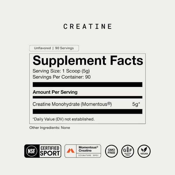 Momentous Creatine Monohydrate Powder  5g per Serving, Unflavored | Supports Lean Muscle Strength Recovery and Cognitive Function NSF Certified for Sport Non-GMO and  Gluten-Free (90 Servings)