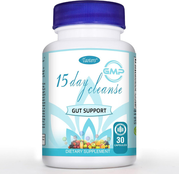 TAOTERS 15 Day Cleanse Gut Support  Detox Supplement with Senna Cascara Sagrada and Psyllium Husk for Men and Women | 30 Capsules