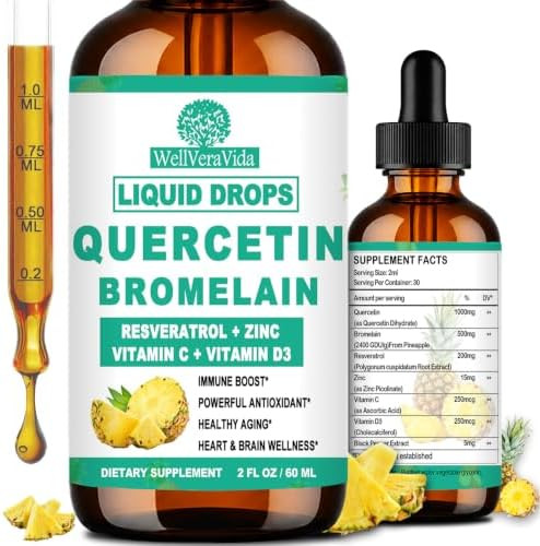 WellVeraVida Quercetinth BromelainQuercetin 1000mg and Bromelain 500mg Liquid Drops | Quercetin Supplements Extract with Zinc Vit C & D3 for Immune Antioxidant and Respiratory Support Capsule Alternative Vegan