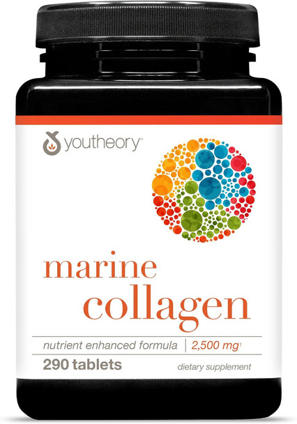 Youtheory Marine Collagen Tablets - 2,500 mg Fish-Sourced Collagen Peptides- with Vitamins A, C, E, B6 & B12 - Supports Joint & Nail Health* - Highly Absorbable - 290 Tablets (58-Day Supply)