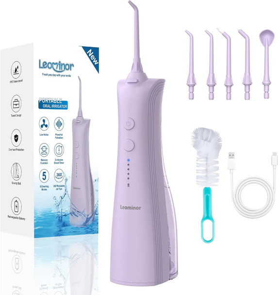 Leominor Water Dental Flosser - 5 Modes Cordless Portable Oral Irrigator IPX7 Waterproof Rechargeable Teeth Cleaner Upgrade Datchable Tank Professional Flossing Cleaning Pick for Home Travel