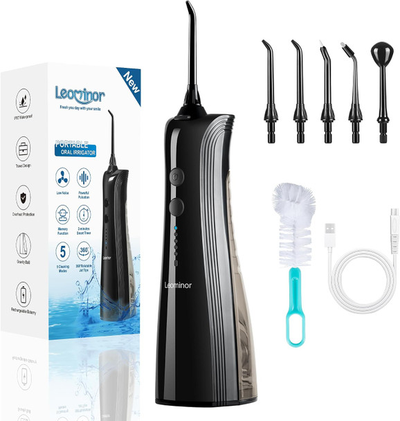 Leominor Water Dental Flosser - 5 Modes Cordless Portable Oral Irrigator IPX7 Waterproof Rechargeable Teeth Cleaner Upgrade Datchable Tank Professional Flossing Cleaning Pick for Home Travel