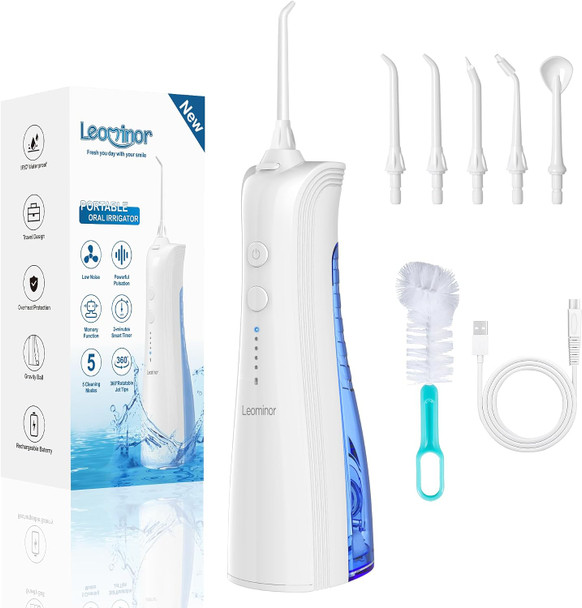 Leominor Water Dental Flosser - 5 Modes Cordless Portable Oral Irrigator IPX7 Waterproof Rechargeable Teeth Cleaner Upgrade Datchable Tank Professional Flossing Cleaning Pick for Home Travel
