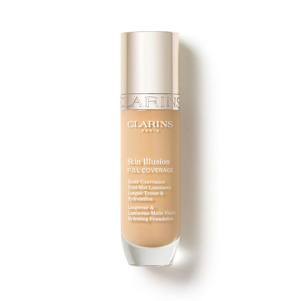 Clarins Skin Illusion Longwear Full Coverage Foundation|Luminous Matte Finish|24H Hold and 24H Hydration|Natural Looking|Transfer, Sweat and Smudge Proof| Contains Hyaluronic Acid|1 Fl Oz
