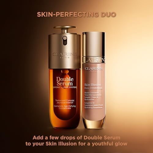 Clarins Skin Illusion Longwear Full Coverage Foundation|Luminous Matte Finish|24H Hold and 24H Hydration|Natural Looking|Transfer, Sweat and Smudge Proof| Contains Hyaluronic Acid|1 Fl Oz