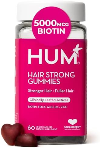 HUM Hair Strong Gummies Hair Growth Support  Folic Acid Fo-Ti Root Extract BiotinZinc andB12 Vegan Strawberry Gummies Women and Men