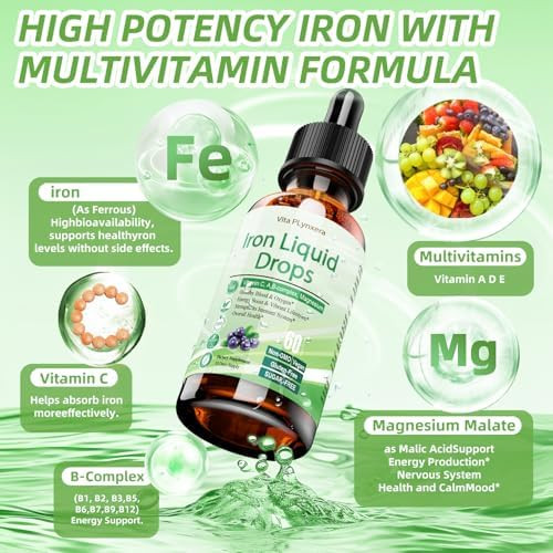 Vita PLynxera Iron Supplement for Women Men and Kids Vegan Iron Drops with Vitamin C D B12  B-Complex High Potency Liquid with Multivitamin for Anemia Energy Support Magnesium Iron Gentle