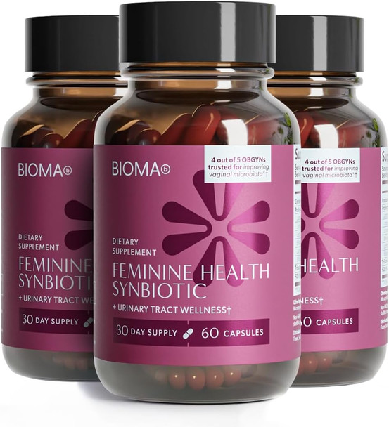 BIOMA Feminine Health Synbiotic  Women's Health Supplement for Healthy Vaginal pH Urinary Tract and Digestive Support  with Probiotics Cranberry and Tributyrin