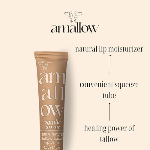 Amallow All Natural Tallow Lip Balm Squeezable Tube  Grass FedFinished Beef Tallow  Organic Beeswax and Vanilla Essential Oil