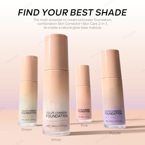 KYDA Green Color Changing Foundation, Color Correcting CC Cream with Centella, Even Red Skin Tone, Lightweight Non-Greasy, Hydrating, Sheer Coverage, Multiuse Face Concealer with Natural Finish