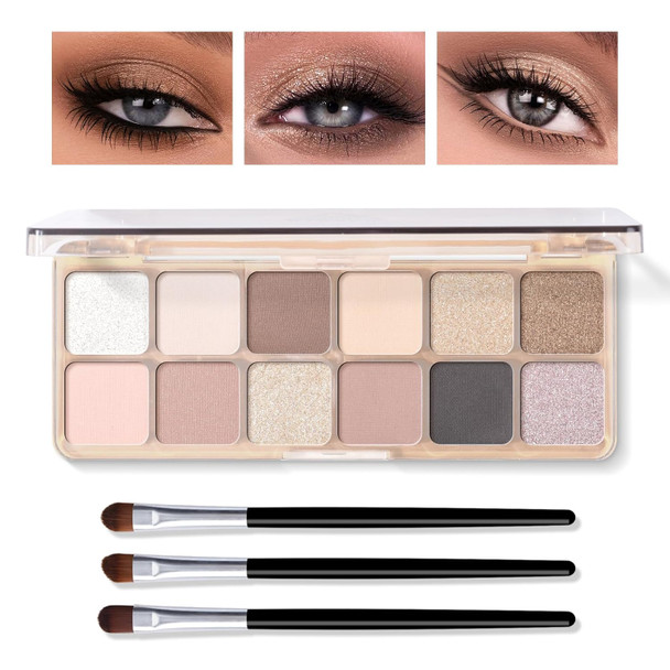 KYDA 12 Colors Tropical Coconuts Eyeshadow Palette, Summer Beach Neutral Brown Grey Pink Eyeshadow, Shimmer Pearl Glow Eye Shadow, Smooth Blendable Powder Eyes Shadow, Summer Eyes Makeup
