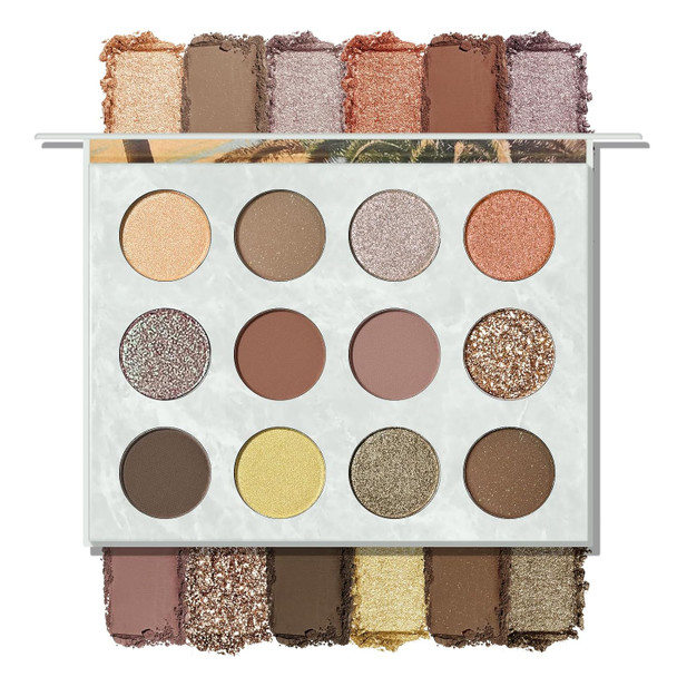 KYDA 12 Colors Tropical Coconuts Eyeshadow Palette, Summer Beach Neutral Brown Grey Pink Eyeshadow, Shimmer Pearl Glow Eye Shadow, Smooth Blendable Powder Eyes Shadow, Summer Eyes Makeup