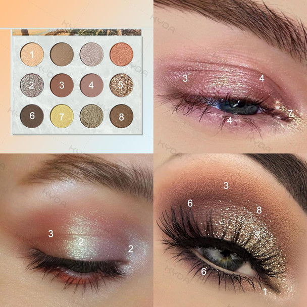 KYDA 12 Colors Tropical Coconuts Eyeshadow Palette, Summer Beach Neutral Brown Grey Pink Eyeshadow, Shimmer Pearl Glow Eye Shadow, Smooth Blendable Powder Eyes Shadow, Summer Eyes Makeup