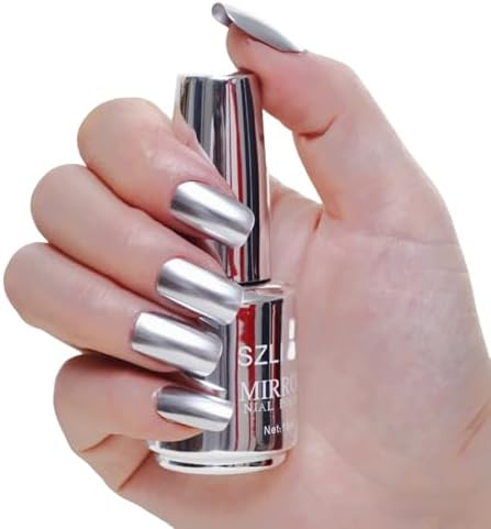 KYDA 18ml Silver Mirror Nail Polish, Bright Glossy Mirror Polish for Nails Art, Longlasting Shine Metallic Effect Nails Art, Gorgeous Reflective Manicure Nail Lacquers