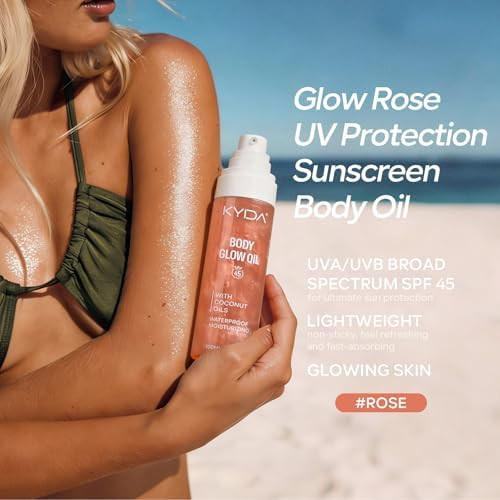 KYDA Travel Size Sunscreen, SPF 45 Body Glow Oil with Sequin Mica, Lightweight Moisturizing Coconuts Sunscreen SPF Glow Oil, Sun-kissed Shimmer Body Lotion, Water Resistant