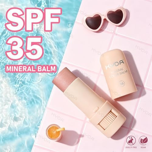 KYDA 2 Colors Mineral Color Balm, SPF 35, Buildable Shimmer Color for Lip and Cheek, Natural Shimmer Cream Blush Stick, Lightweight Blendable, Multiuse Makeup Balm, SHY+LOVELY