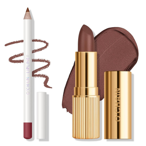 KYDA Nude Brown Lipstick and Lip Liner Combo, Velvet Matte Lipstick, Smooth Lipliner Pencil, High Pigment Matte Lips Color, Lips Makeup Gift Kit for Women, Brown Lipliner Combo Set, 02