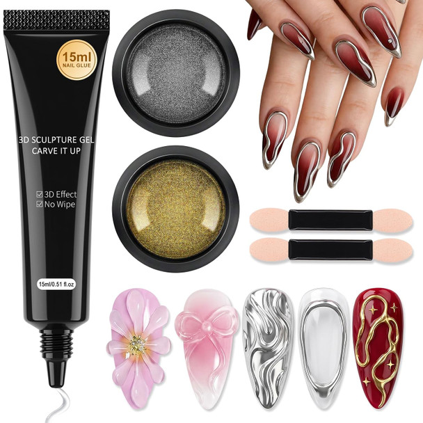 KYDA 2 Pcs 10ml Clear 3D Sculpting Nail Gel, 3-in-1 Sculpture Nail Art Gel for Carving Painting and Molding, Rhinestone Glue for Gems Diamond Jewelry Decoration