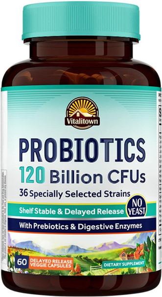 VITALITOWN Probiotics 120 Billion CFUs  36 Strains with Prebiotics & Digestive Enzymes for Men Women Shelf Stable  Digestive Health and  Immune Support  Vegan  Non-GMO
