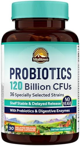 VITALITOWN Probiotics 120 Billion CFUs  36 Strains with Prebiotics & Digestive Enzymes for Men Women Shelf Stable  Digestive Health and  Immune Support  Vegan  Non-GMO