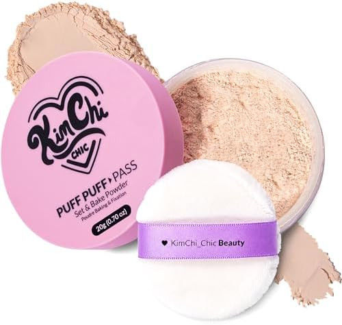 KimChi Chic Beauty Puff Puff Pass Set & Bake Loose Setting Powder Makeup | Face Powder with Rice & Vitamin E, Matte Airbrush Finish, Oil Control with Fluffy Powder Puff, 03 Translucent