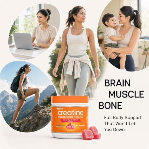 Zena Nutrition Creatine Gummies with D3 & K2 Creatine Monohydrate for Men and Women Supports Bone Muscle & Cognitive Health Gummy Workout Supplement Watermelon Flavor 150ct 30 Daily Servings