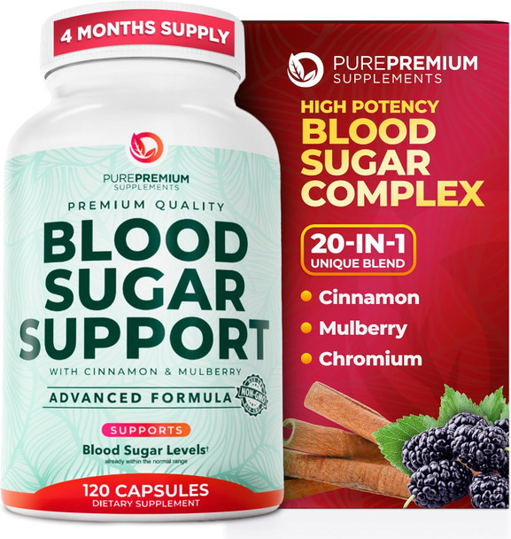 Pure Premium Normal Blood Sugar Support Supplement  20 Active Ingredients Blood Sugar Complex with Cinnamon  Bitter Melon Chromium Mulberry  Supply Made in USA