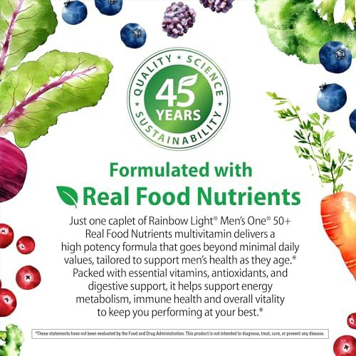 Rainbow Light Mens Multivitamin One + for 50 Plus  Supports Muscle Health | with Vitamins C D and Zinc | Real Food Nutrients Digestive Enzymes and Probiotics