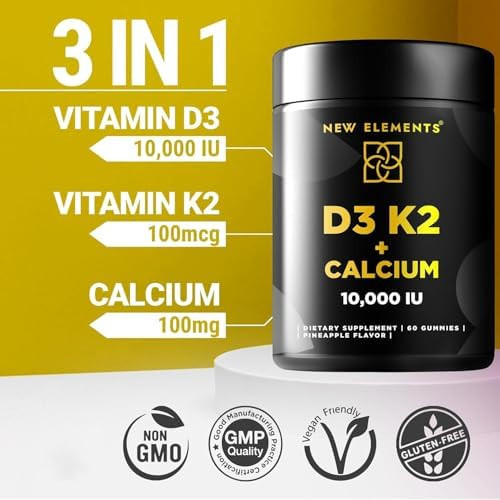 New Elements Vitamin D3 K2 Gummies 10000 IU with Calcium 100mg - VIT D3 for Adults - Mk7 Vitamin K2 100mcg - Vitamin D Supplement for Men & Women - Vegan Gluten Free Non-GMO