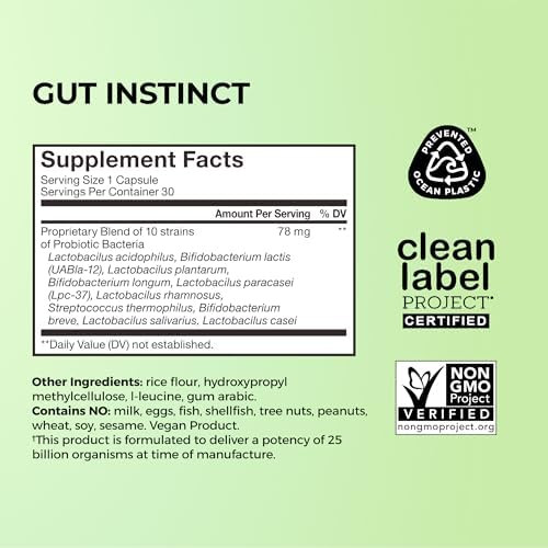 HUM Gut Instinct Daily Probiotic Digestive and  Immune Support 25 Billion CFU 10 Strains, Lactobacillus and  Bifidobacterium Women and Men Vegan