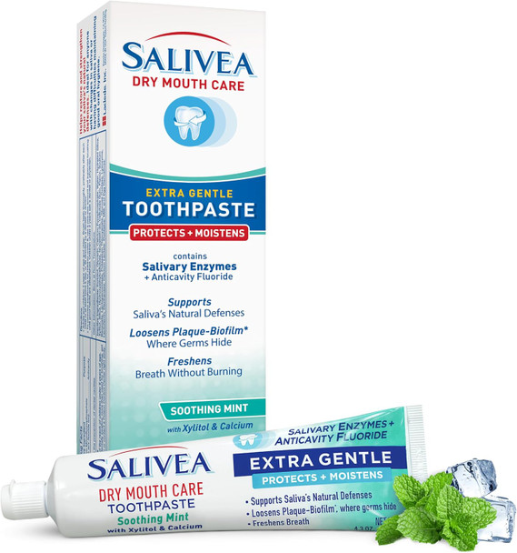 SALIVEA Dry Mouth Toothpaste Anticavity Fluoride Mint 4.3 Anticavity fluoride with xylitol and calcium SLS free low foaming gentle formula for daily oral defense and fresh breath