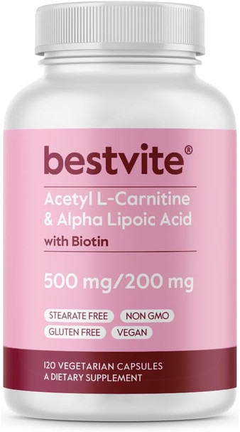 BESTVITE Acetyl L Carnitine 500mg and Alpha Lipoic Acid 200mg 120 Veg Capsules Enhanced with Biotin  No Stearates  Vegan  Non GMO Gluten Free