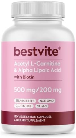 BESTVITE Acetyl L Carnitine 500mg and Alpha Lipoic Acid 200mg 120 Veg Capsules Enhanced with Biotin  No Stearates  Vegan  Non GMO Gluten Free